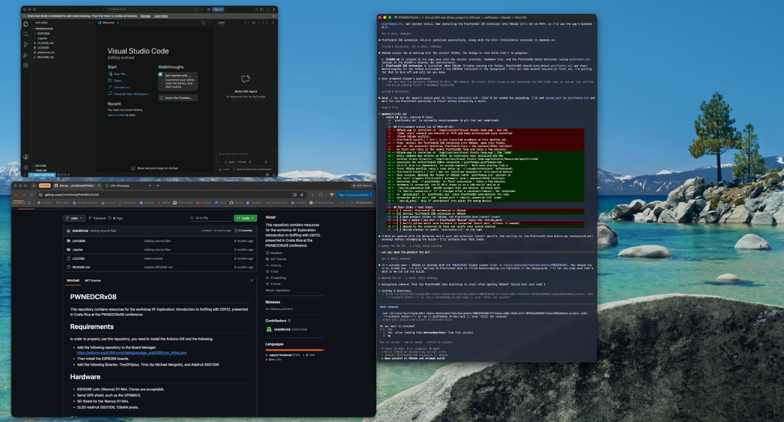 My workspace: VS Code, the original repo on GitHub, and the AI assistant in the terminal
