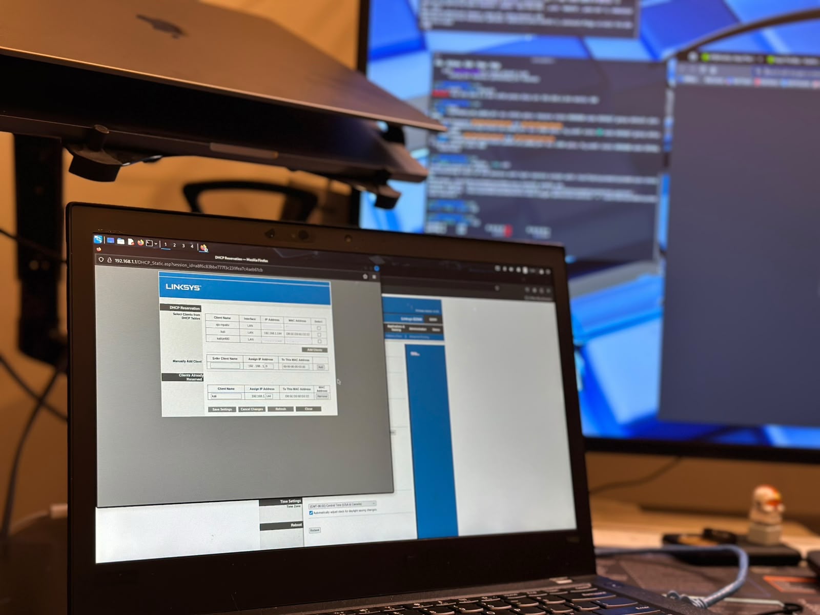 DHCP reservation on the Linksys E2500 pinning the Kali box to 192.168.1.144