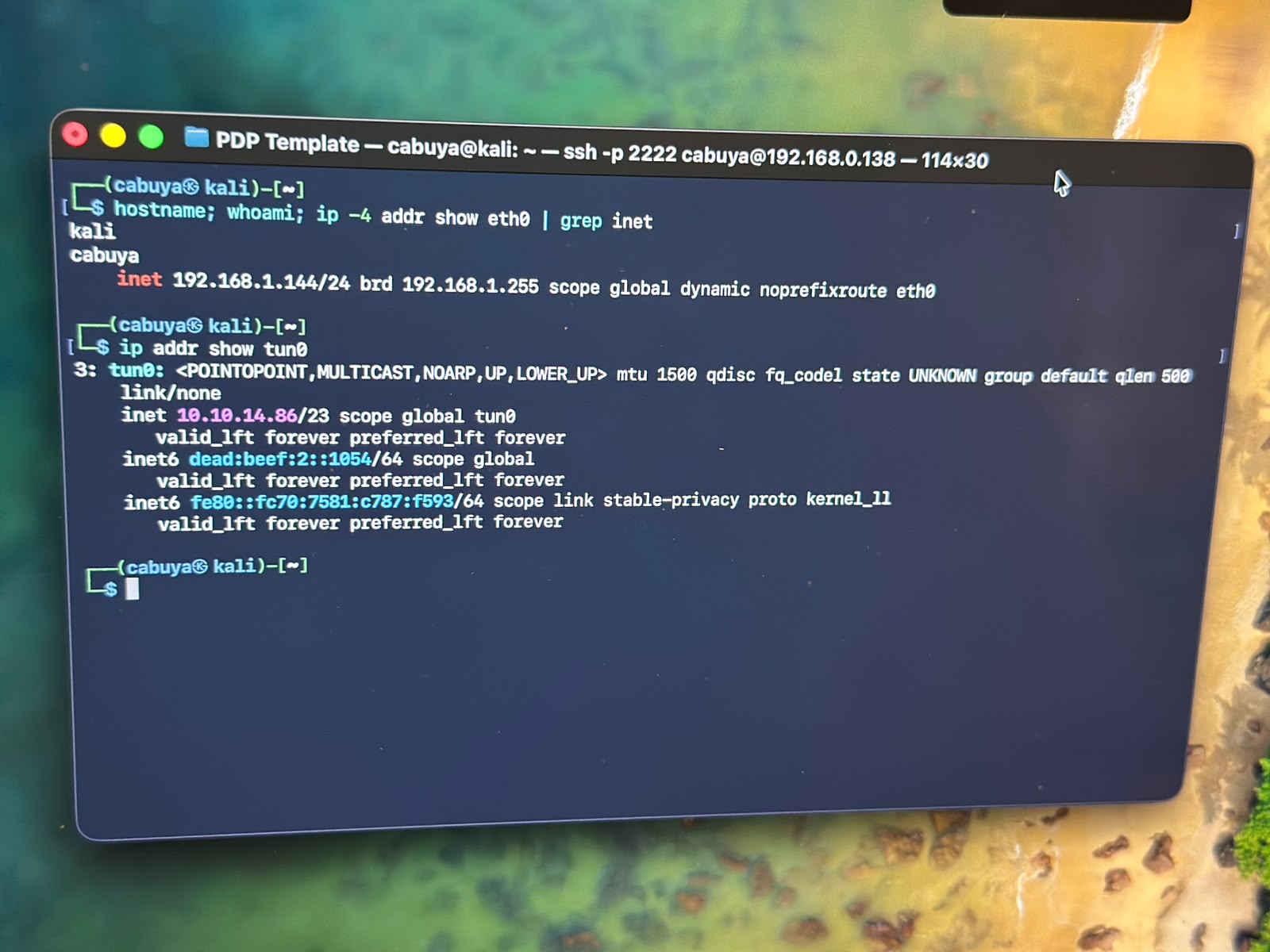 tun0 up on the Kali box with an HTB Labs address, seen over the SSH session