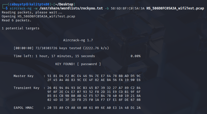 aircrack-ng finding the key in the captured handshake
